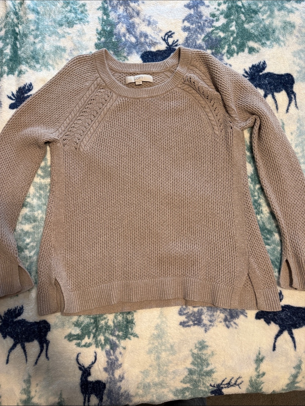 LOFT Taupe Crewneck Sweater with Open-Knit Shoulder Detail